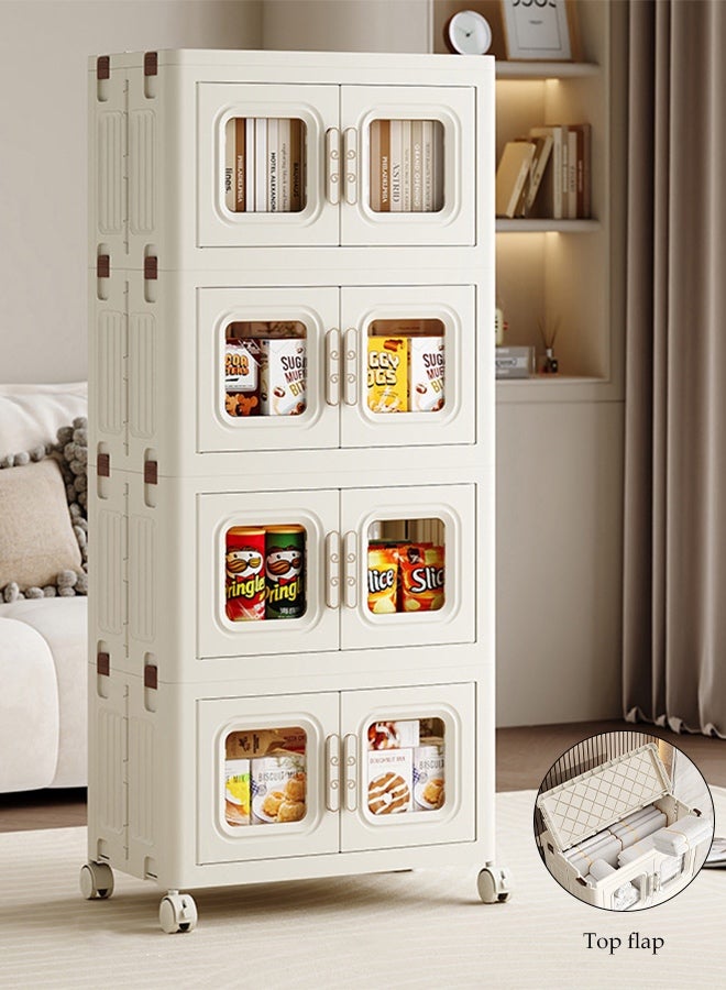 Spides 4 Tiers Foldable Storage Cabinet Multifunctional Double Door Stackable Plastic Storage Bins Cabinet with Wheels Large Capacity Thickened Multi-layer Storage Cabinet for Home, Office，Bedroom， Living Room， Study - Image 1